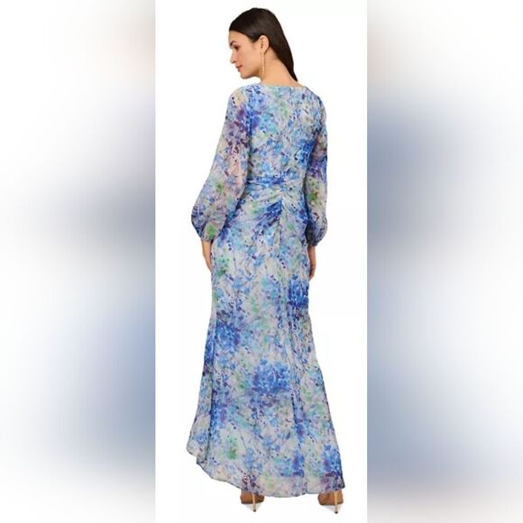 Adrianna Papell Abstract Floral Chiffon Gown NWT Size 14 Blue And White - Picture 2 of 5